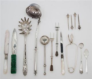 A Large Group of Silver-Plate Articles, , comprising: 1 ladle 1 pasta spoon 1 ice pick 1 tea strainer 5 teaspoons 2 letter op