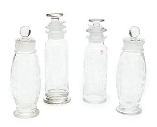 Fostoria Influence Etched Crystal Cocktail Shakers, Ca. 1930, H 13" 4 pcs