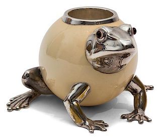 An Ostrich Egg Frog Vessel, Anthony Redmile, circa 1970, having silver metal mounts, glass eyes.
