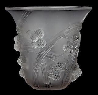 A Rene Lalique Molded and Frosted Glass Vase Height 7 3/4 inches.