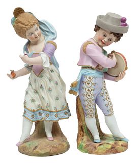 German Bisque Fired Porcelain Figures, Child Musicians, H 19" Dia. 6.5" 1 Pair
