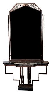 A French Hand Wrought Iron Marble Mirror and Console Table Mirror: 61 3/4 x 38 1/2 inches; Height of console 32 x width 49 in