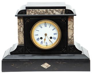 French Carved Marble Mantle Clock H 10" W 13.25" Depth 6"