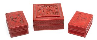 Chinese Cinnabar Covered Boxes, H 2.25" W 4.5" L 4.5" 3 pcs