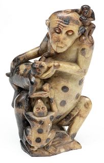 Chinese Hand Carved Stone Monkey With 3 Baby Monkeys Ca. 1900, H 7.5" W 4"