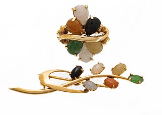 14k Yellow Gold And Multi-Colored Jade Ring & Pin, 2 pcs