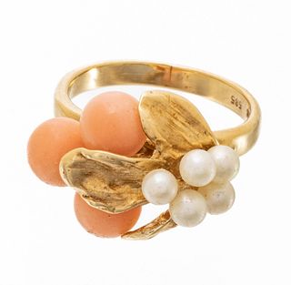 14k Yellow Gold, Coral, And Freshwater Pearl Ring