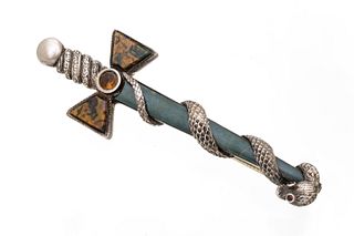 Scottish Silver, Citrine, & Agate Claymore Sword Brooch With Snake L 3.2" 16g