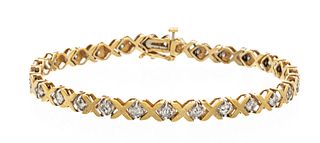 10K Yellow Gold And Diamonds Link Bracelet L 7.5" 9g