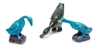 Chinese Miniature Glazed Blue Ducks (2) L 4" + Stone Duck 5" Ca. 1900, 3 pcs