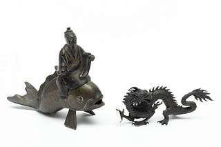 Chinese Bronze Censer In Two Parts: Figure Riding Fish H 6.5" L 7 Also Bronze Dragon Ca. 19th.c., 2 pcs