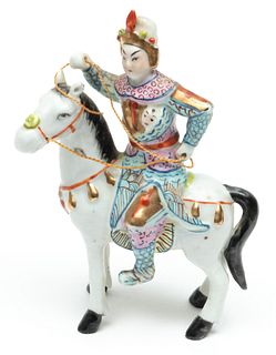 Chinese Porcelain Miniature, Warrior On Horseback H 4.7" L 3"