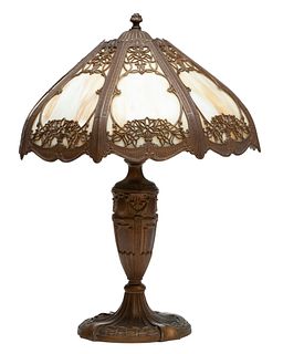 American Slag Glass And Patinated Metal Table Lamp Ca. 1910, H 24.5" W 9.5"