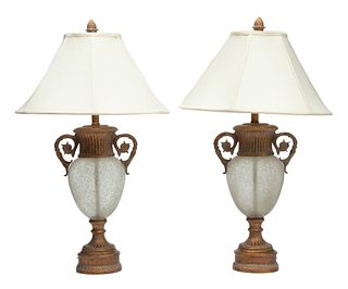 Pair Of Glass And Gilt Urn Formed Table Lamps H 30" L 9.5"