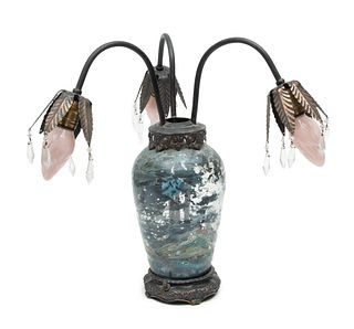 Painted Glass 3-light Lamp, Ca. 1920, H 17"