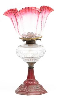 Victorian Cranberry Glass & Iron Oil Lamp, Ca. 1890, H 15.5" Dia. 9"