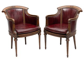 Pair of Burgundy Leather And Carved Walnut Arm Chairs H 34.25" W 21.75" Depth 20.5"