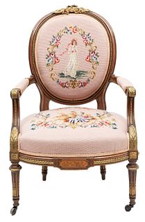 Louis XVI Style Walnut With Bronze Ormolu And Needlepoint Open Arm Chair, H 37" W 24" Depth 22"