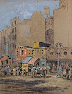Ulrich Bell, (American, 1891-1960), Market Stalls on City Street, 1944