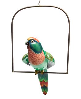 Sergio Bustamante (Mexican, B. 1949) Parrot On Brass Swing, H 30" W 20" L 25"