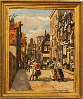 Erasmus Bernard Van Dulmen Krumpelman (Dutch, 1897-1987) Oil On Canvas, 20th C., Amsterdam Street Scene, H 42.5" W 35"