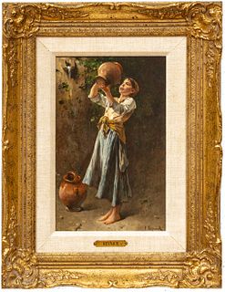 François Reynaud (French, 1825-1909) Oil On Mahogany Panel, Girl Drinking From An Earthenware Jug, H 16" W 10.5"