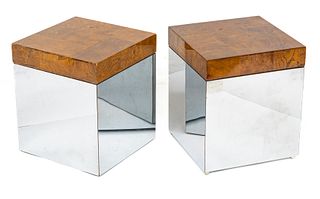 Attributed to Milo Baughman (American) Mid Century Modern Wood & Chrome Square End Tables Ca. 1960, H 17" W 15" L 15" 1 Pair