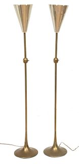 Tommi Parzinger Style, Steel & Brass Torchieres, Ca. 1960, H 61.5" Dia. 7.5" 1 Pair