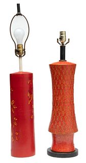 Style Of Aldo Londi For Bitossi Raymor (Italian/American) Mid Century Modern Ceramic Lamps, H 25" Dia. 6" 2 pcs