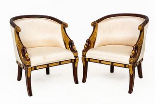 Pair of Maitland-Smith (British) Mahogany And Gilt Swan's Neck Arm Chairs, H 34.5" W 28" Depth 30"