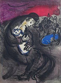 After Marc Chagall, (French/Russian, 1887-1958), Woman with Bouquet and Rabbi with Torah (two works)