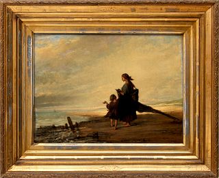 Henri Campotosto (Belgian, 1833-1910) Oil On Beveled Mahogany Panel, Ca. 1856, Fisherman's Return, H 13" W 17"
