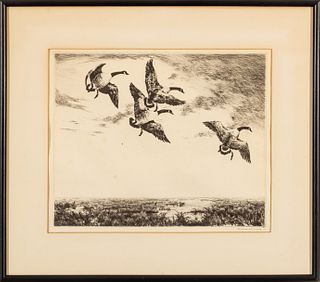 Roland Clark, Amer. 1874 - 57, Etching, Four Geese In Flight, H 11.7" W 14.5"