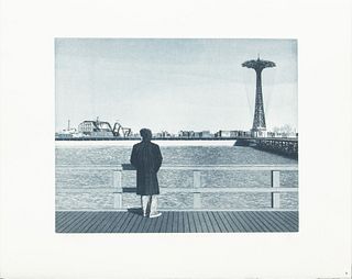 Max Ferguson Etching With Aquatint In Blue On Arches Paper, Coney Island Self-Portrait, H 14.75" W 18.75"