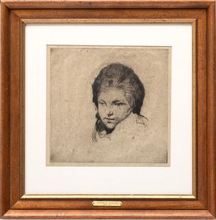 Myron Barlow (American, 1873-1937) Etching On Paper, Portrait Of A Young Lady, H 9.5" W 10"