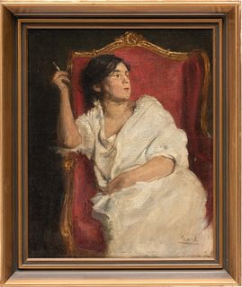 Armin Glatter (Hungarian, 1861-1931) Oil On Canvas, Portrait Of A Woman With A Cigarette, H 18.5" W 15"