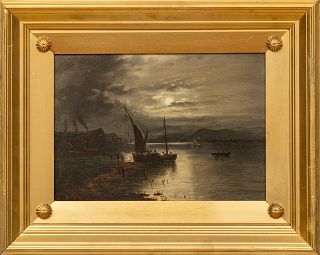 George Cole (British, 1810-1883) Oil On Canvas, Moonlight Fishing, H 10" W 14"