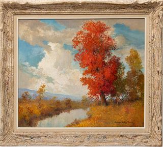 Frederick Rushing Roe, 1864 - 47, Oil On Board, American Autumn Landscape, H 20" W 25"
