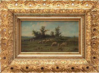 Frank Selzer (American, 1849-1916) Oil On Canvas, 1889, Sheep Grazing In A Landscape, H 9" W 16"