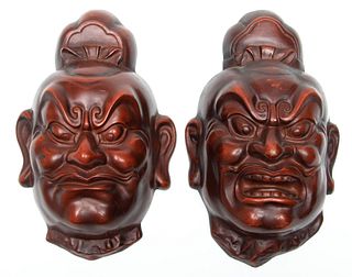 Chinese Bronze Theatrical Masks H 10" W 6.5" 1 Pair