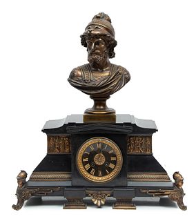 French Empire Style Bronze And Marble Mantel Clock, C. Late 19th C., H 21" W 18" Depth 7"