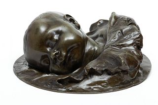 Signed Paul, Bronze Head Of Baby, Wall Hanging Ca. 1896, Dia. 10.5"