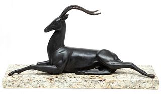 Art Deco Bronze Sculpture, Reclining Gazelle On Marble Base,, H 9.5" W 6" L 18.5"