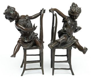 Franz Iffland, (Germany, 1862-1935) Bronze Laughing Girls In Chairs H 8.5" 1 Pair