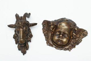 Bronze Goat Head Relief 6" + Bronze Cherub Head Ca. 1900, H 4.5" W 7" 2 pcs