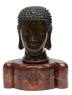 Tibetan Bronze Buddha Head & Wood Base, H 12" W 10" Depth 5"