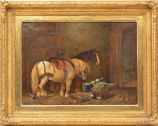 Mondy Oil On Canvas,  1876, Horse Stable, H 20" W 27"