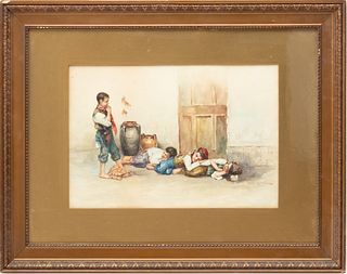 Giuseppe Gelanze (Italian, B. 1867) Watercolor On Paper, Early 20th C.,, Street Urchins, H 9.5" W 14"
