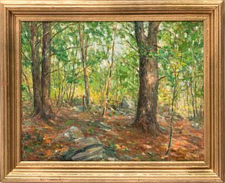 Roy Elliott Bates (American, 1882-1929) Pil On Canvas Board, Wood Interior Catskill Mts., H 14" W 18"