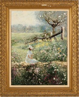 Oil On Canvas, 20th C., Woman In A Blossoming Field, H 24" W 18"